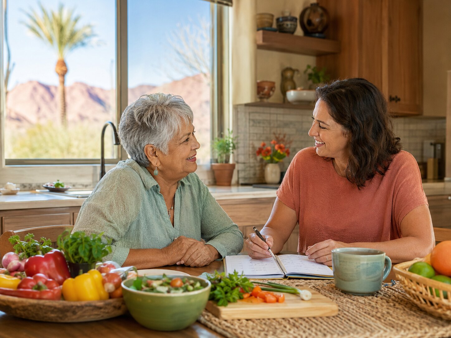 An older adult and companion planning healthy meals and activities together